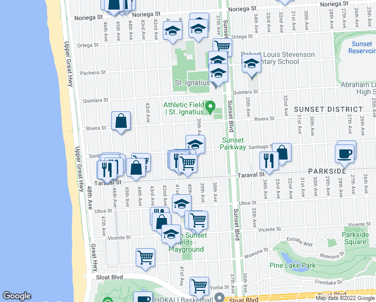 map of restaurants, bars, coffee shops, grocery stores, and more near 40th Ave & Santiago St in San Francisco
