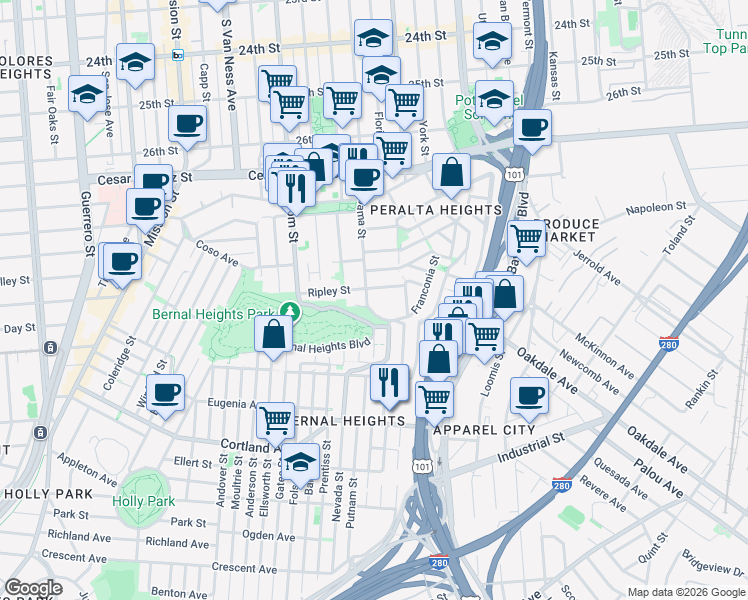 map of restaurants, bars, coffee shops, grocery stores, and more near 1760 Alabama Street in San Francisco