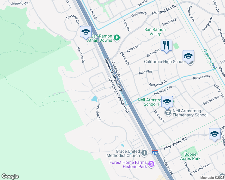 map of restaurants, bars, coffee shops, grocery stores, and more near 1630 Cutter Court in San Ramon