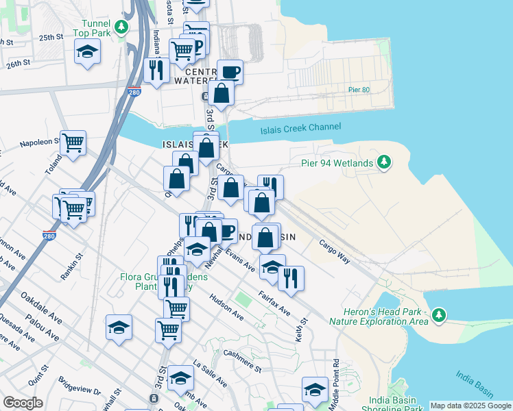 map of restaurants, bars, coffee shops, grocery stores, and more near 148 Cargo Way in San Francisco