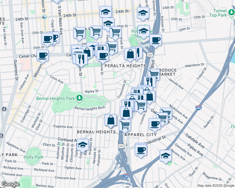 map of restaurants, bars, coffee shops, grocery stores, and more near in San Francisco