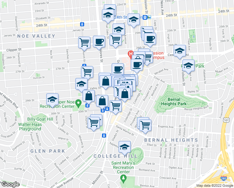 map of restaurants, bars, coffee shops, grocery stores, and more near 29th Street in San Francisco