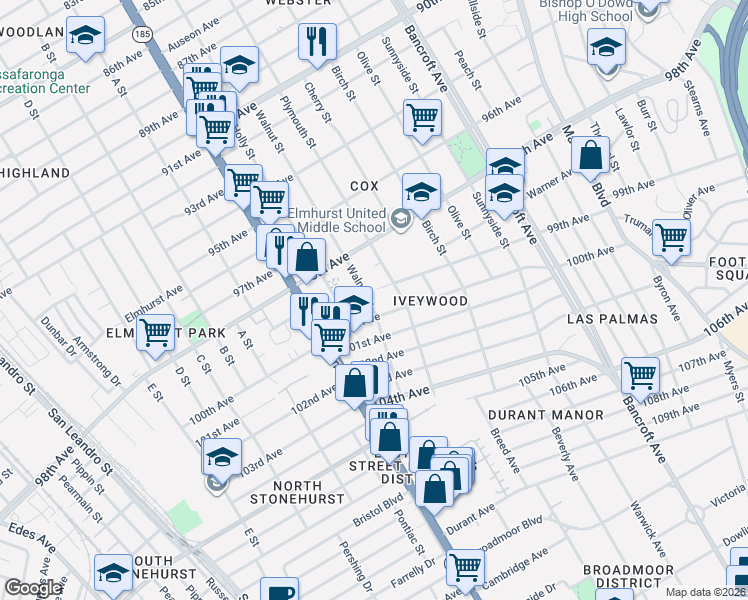 map of restaurants, bars, coffee shops, grocery stores, and more near 9858 Walnut Street in Oakland