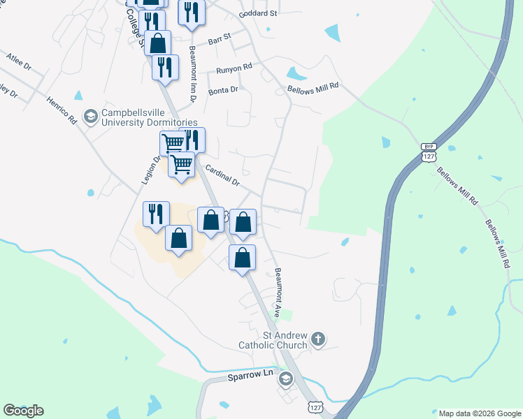 map of restaurants, bars, coffee shops, grocery stores, and more near 902 Beaumont Avenue in Harrodsburg