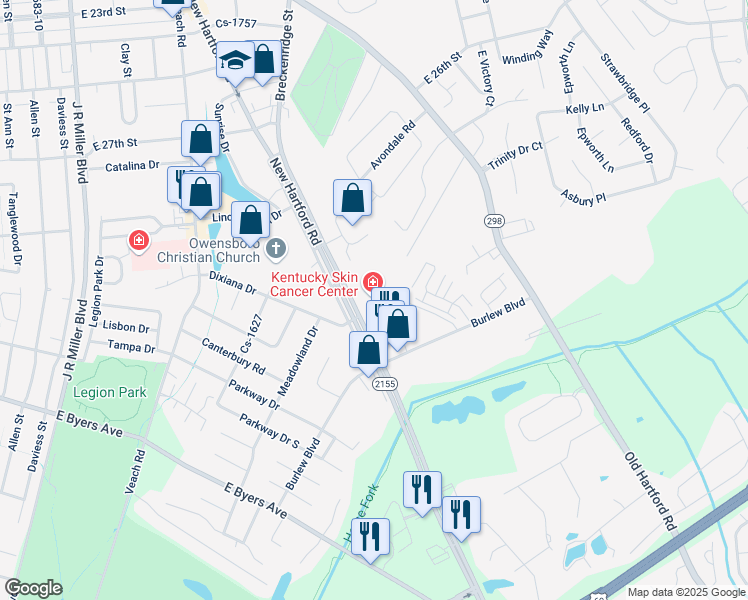 map of restaurants, bars, coffee shops, grocery stores, and more near 2915 New Hartford Road in Owensboro