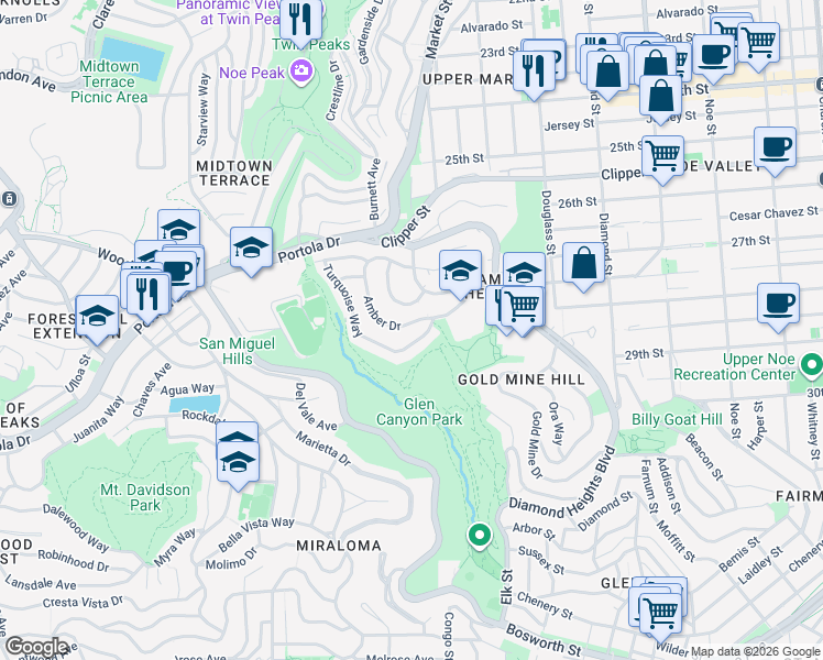 map of restaurants, bars, coffee shops, grocery stores, and more near 260 Amber Drive in San Francisco