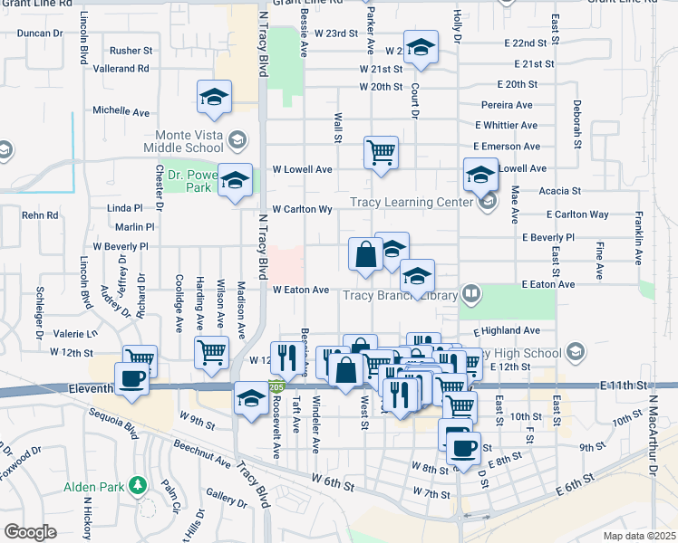 map of restaurants, bars, coffee shops, grocery stores, and more near 1400 Wall Street in Tracy