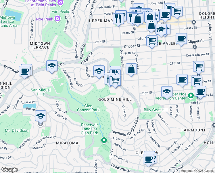 map of restaurants, bars, coffee shops, grocery stores, and more near 5210 Diamond Heights Boulevard in San Francisco