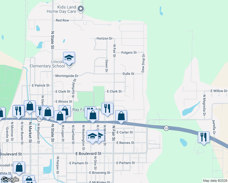map of restaurants, bars, coffee shops, grocery stores, and more near 1498 N Fair St in Marion