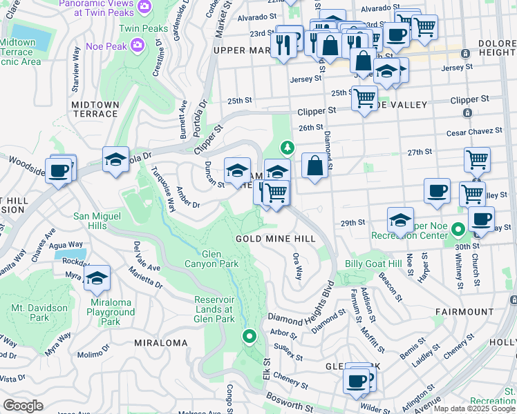 map of restaurants, bars, coffee shops, grocery stores, and more near 5210 Diamond Heights Boulevard in San Francisco