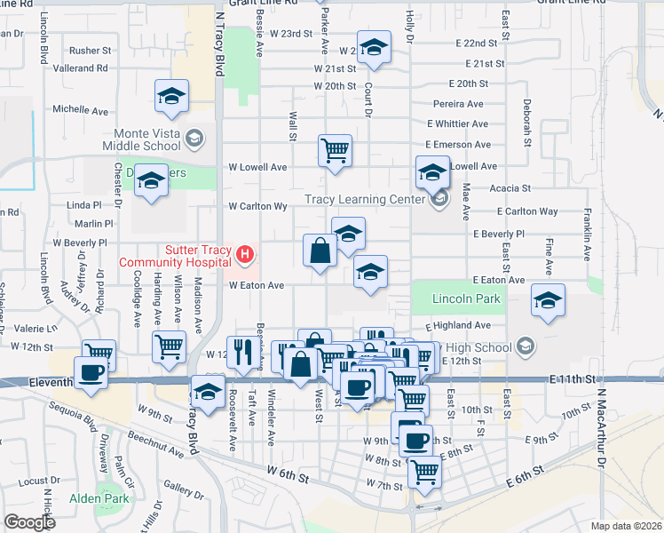 map of restaurants, bars, coffee shops, grocery stores, and more near 1470 Parker Avenue in Tracy