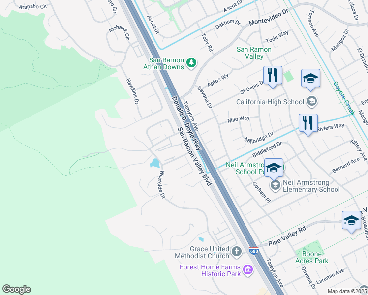 map of restaurants, bars, coffee shops, grocery stores, and more near 1520 Cutter Court in San Ramon