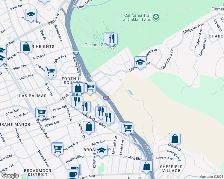 map of restaurants, bars, coffee shops, grocery stores, and more near 2955 Peralta Oaks Court in Oakland