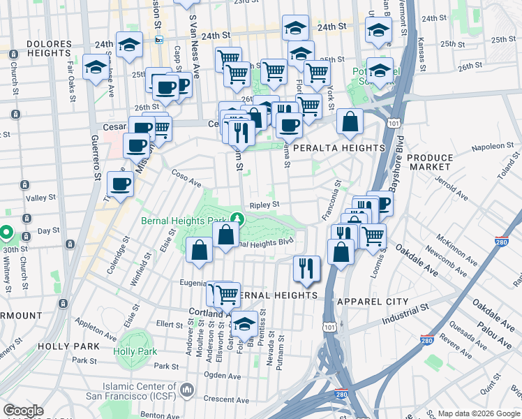 map of restaurants, bars, coffee shops, grocery stores, and more near 145 Ripley Street in San Francisco