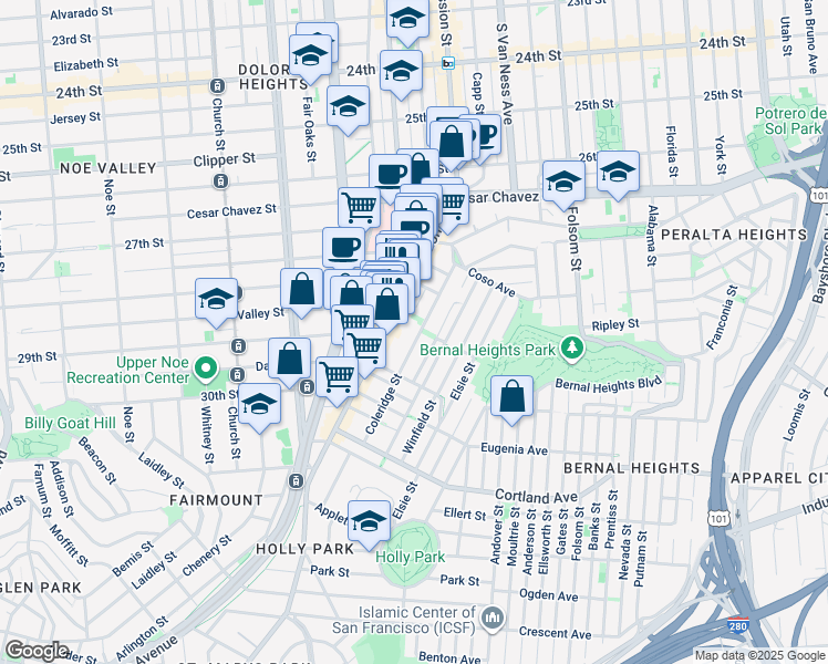 map of restaurants, bars, coffee shops, grocery stores, and more near in San Francisco