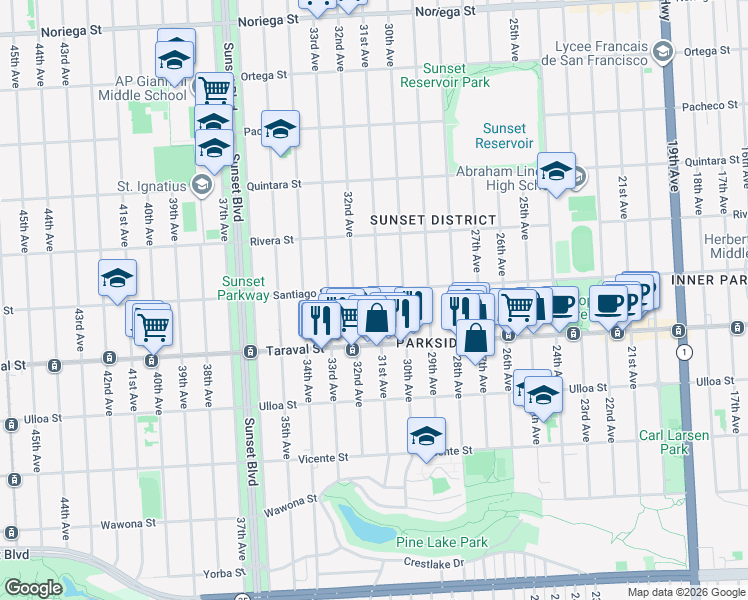 map of restaurants, bars, coffee shops, grocery stores, and more near 2294 31st Avenue in San Francisco