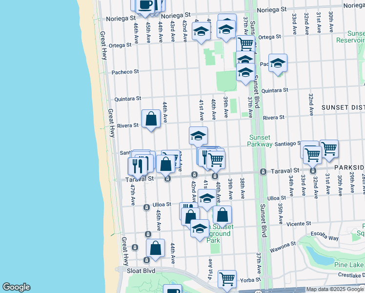 map of restaurants, bars, coffee shops, grocery stores, and more near 2259 43rd Avenue in San Francisco