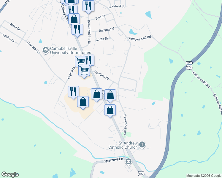 map of restaurants, bars, coffee shops, grocery stores, and more near 902 Beaumont Avenue in Harrodsburg