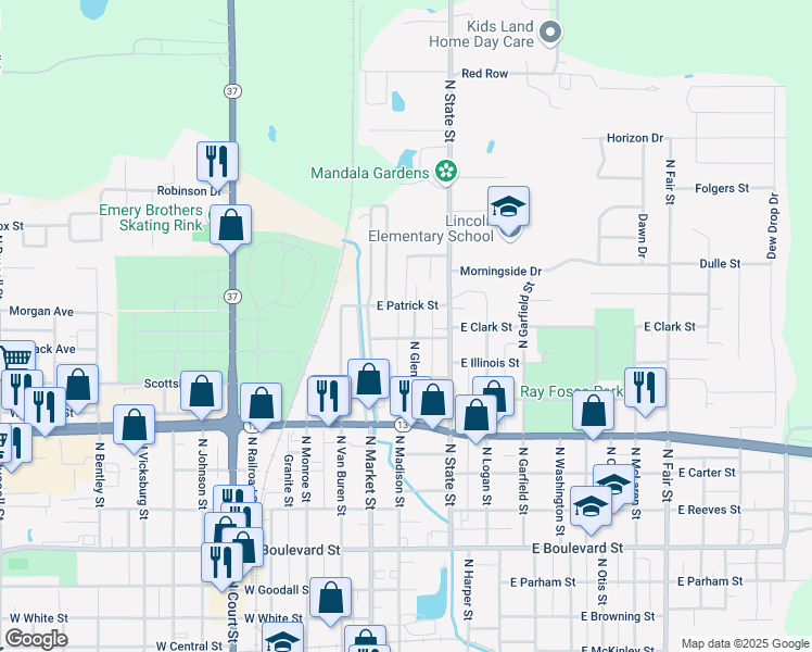 map of restaurants, bars, coffee shops, grocery stores, and more near 1406 North Glendale Street in Marion