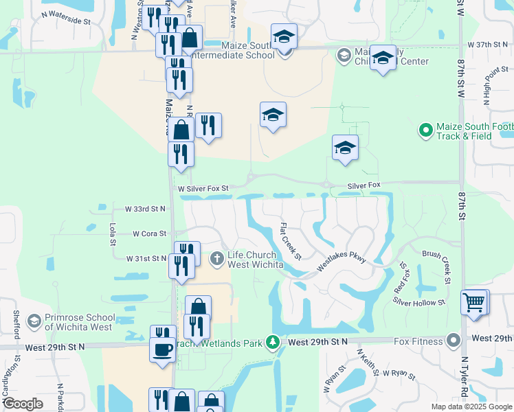 map of restaurants, bars, coffee shops, grocery stores, and more near 9970 Westlakes Court in Wichita