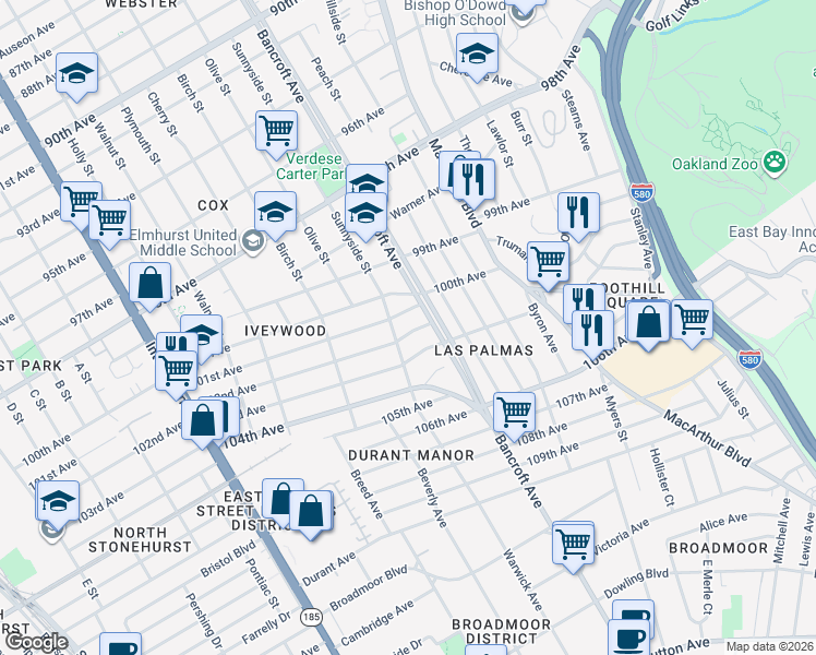 map of restaurants, bars, coffee shops, grocery stores, and more near 2125 102nd Avenue in Oakland