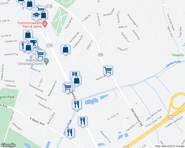 map of restaurants, bars, coffee shops, grocery stores, and more near 1330 Bowie Trail in Owensboro