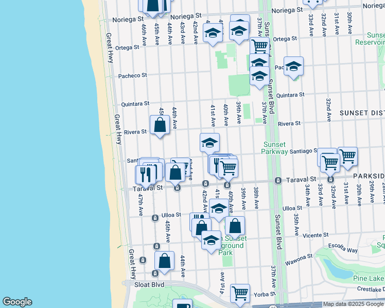 map of restaurants, bars, coffee shops, grocery stores, and more near 2259 43rd Avenue in San Francisco