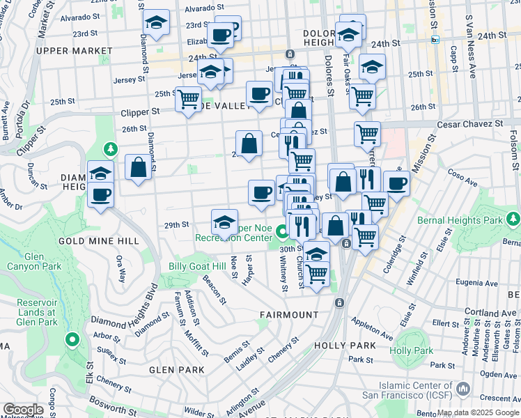 map of restaurants, bars, coffee shops, grocery stores, and more near 1566 Sanchez Street in San Francisco