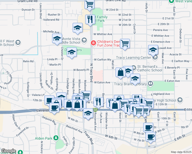 map of restaurants, bars, coffee shops, grocery stores, and more near 1420 North Tracy Boulevard in Tracy