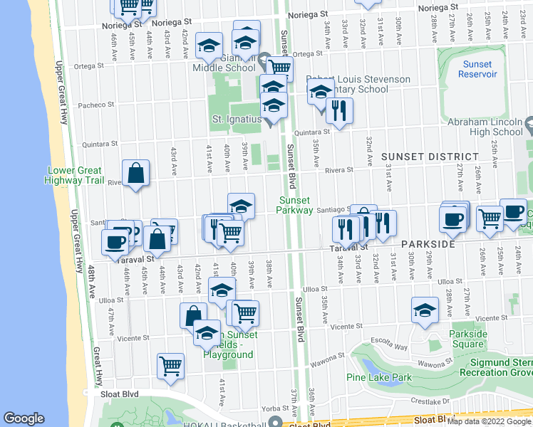 map of restaurants, bars, coffee shops, grocery stores, and more near 38th Avenue & Santiago Street in San Francisco