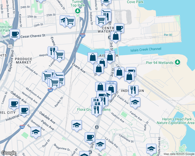 map of restaurants, bars, coffee shops, grocery stores, and more near 1465 Davidson Avenue in San Francisco