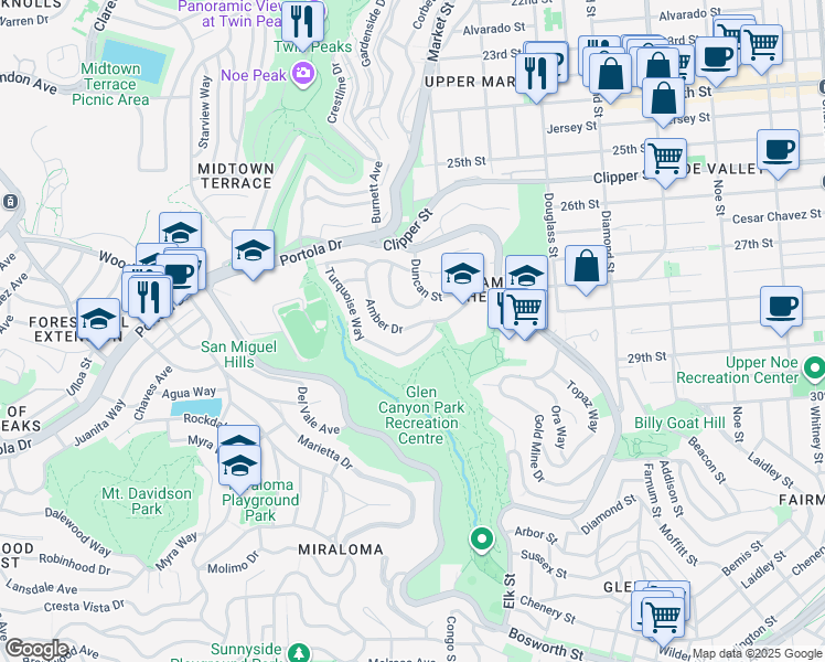 map of restaurants, bars, coffee shops, grocery stores, and more near 260 Amber Drive in San Francisco