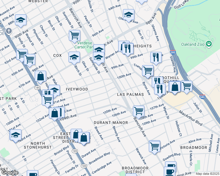 map of restaurants, bars, coffee shops, grocery stores, and more near 2125 102nd Avenue in Oakland