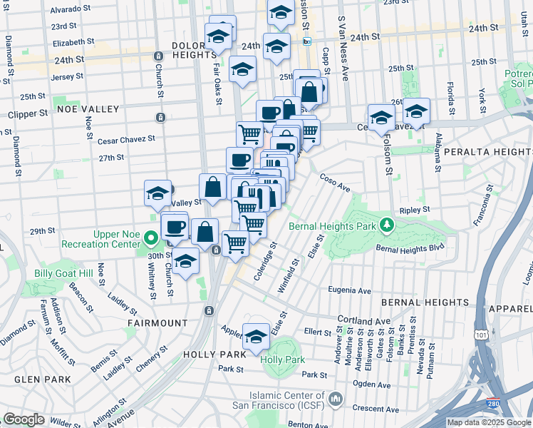 map of restaurants, bars, coffee shops, grocery stores, and more near 2 29th Street in San Francisco