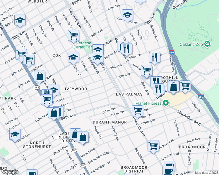 map of restaurants, bars, coffee shops, grocery stores, and more near 2125 101st Avenue in Oakland