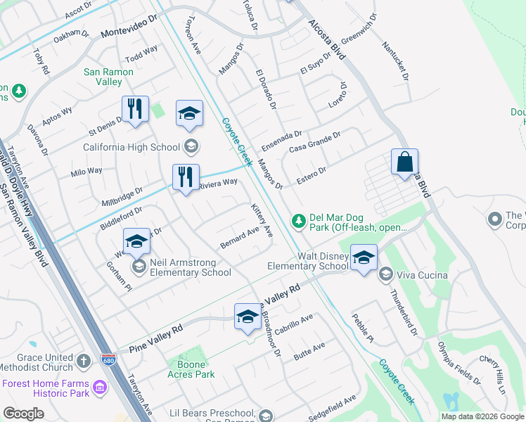 map of restaurants, bars, coffee shops, grocery stores, and more near 3076 Kittery Avenue in San Ramon
