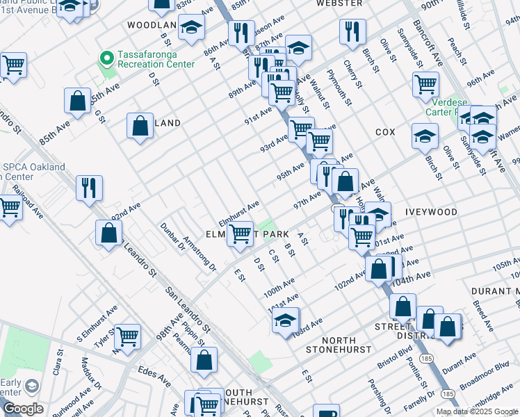 map of restaurants, bars, coffee shops, grocery stores, and more near 9534 B Street in Oakland