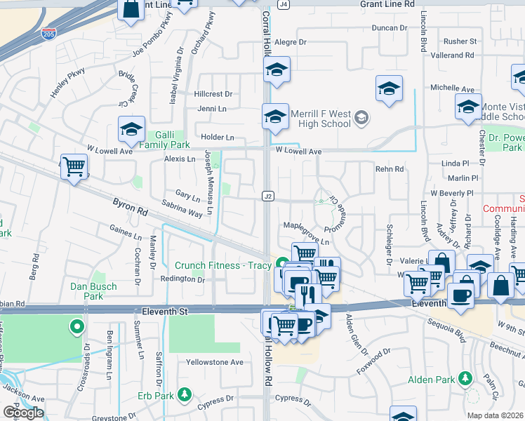 map of restaurants, bars, coffee shops, grocery stores, and more near 18058 Corral Hollow Road in Tracy