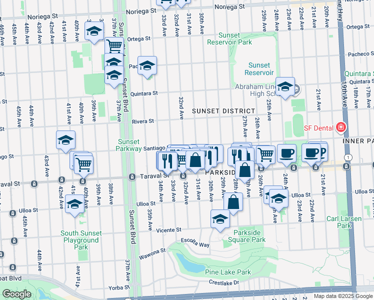 map of restaurants, bars, coffee shops, grocery stores, and more near 2306 32nd Avenue in San Francisco