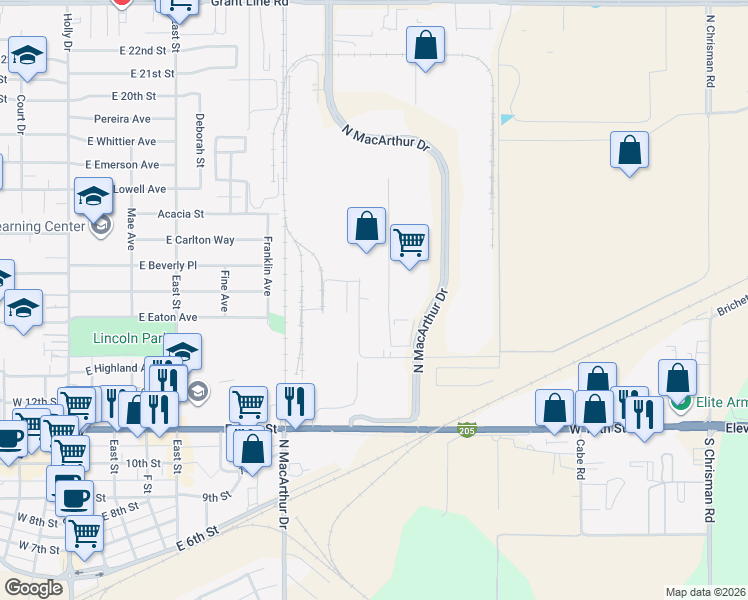 map of restaurants, bars, coffee shops, grocery stores, and more near 1428 Mariani Court in Tracy