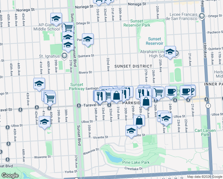 map of restaurants, bars, coffee shops, grocery stores, and more near 2306 32nd Avenue in San Francisco