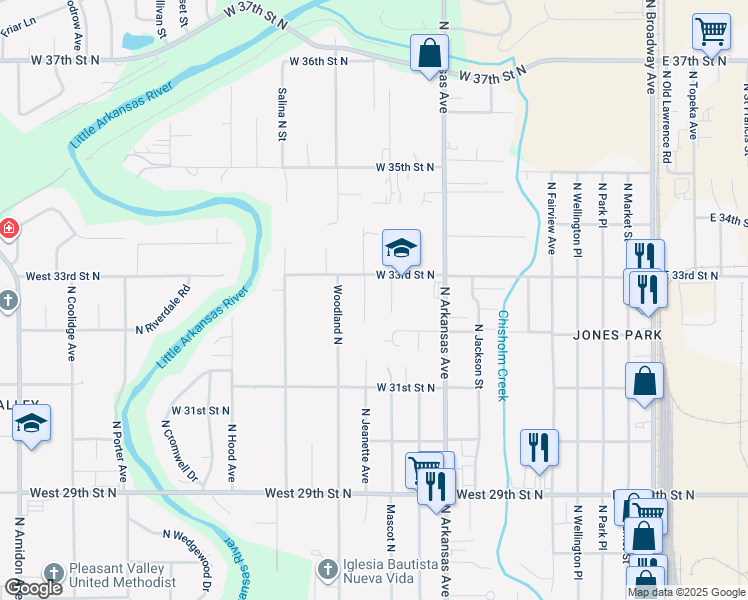 map of restaurants, bars, coffee shops, grocery stores, and more near 843 West 33rd Street North in Wichita