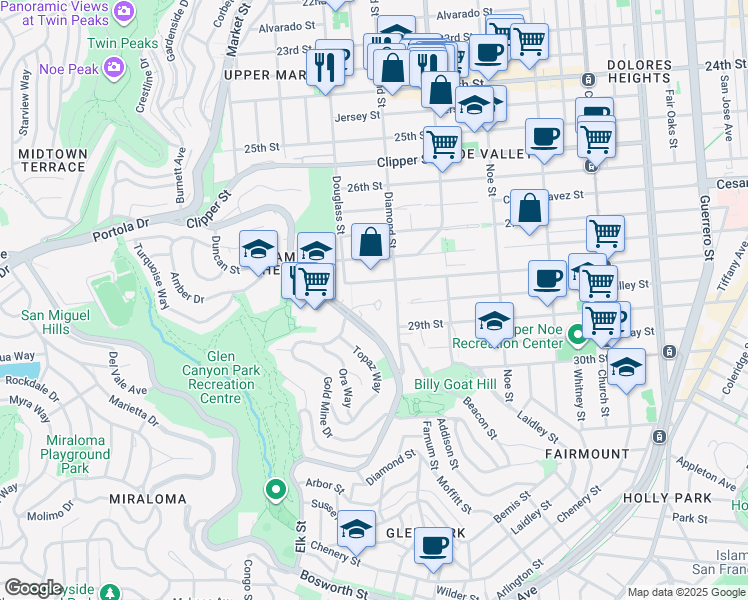 map of restaurants, bars, coffee shops, grocery stores, and more near 2 Gold Mine Drive in San Francisco