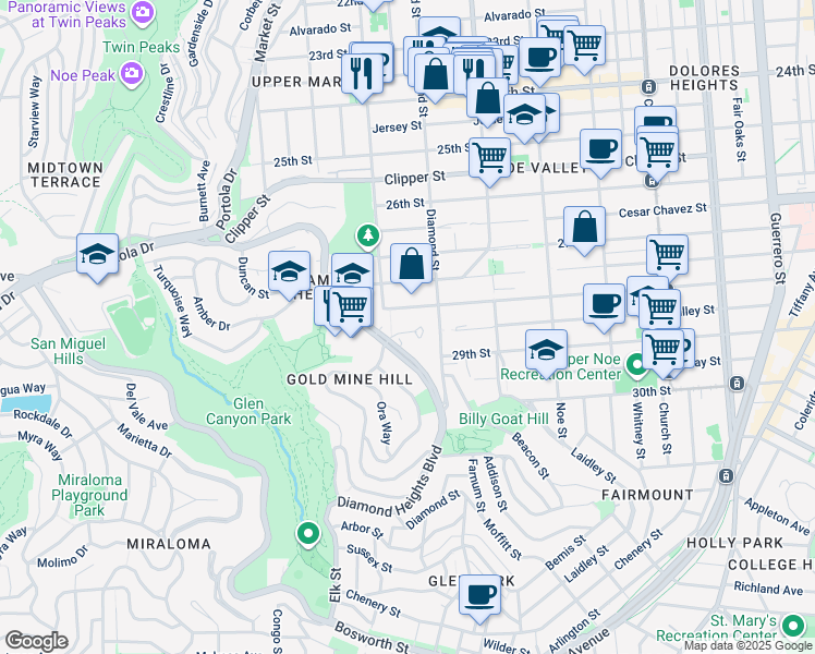 map of restaurants, bars, coffee shops, grocery stores, and more near 20 Gold Mine Drive in San Francisco