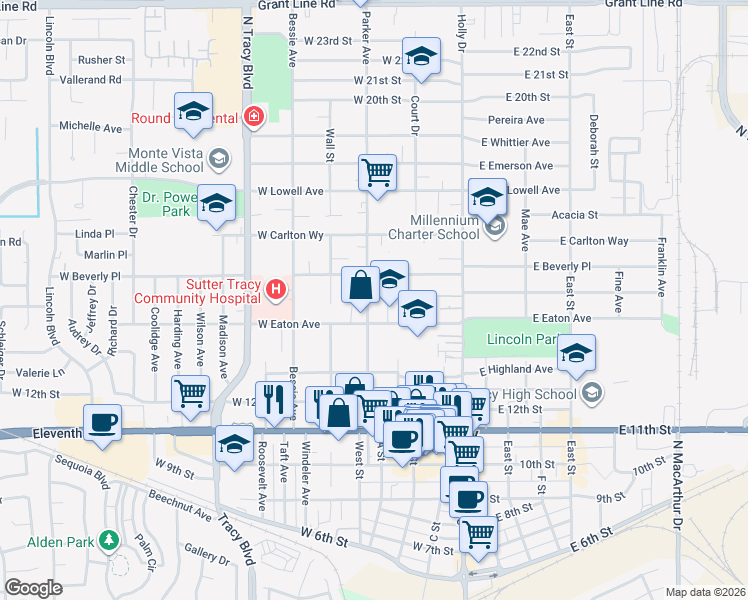 map of restaurants, bars, coffee shops, grocery stores, and more near 1470 Parker Avenue in Tracy