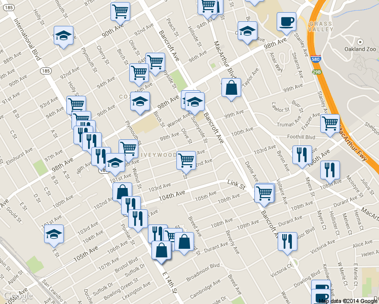 map of restaurants, bars, coffee shops, grocery stores, and more near 2014 100th Avenue in Oakland