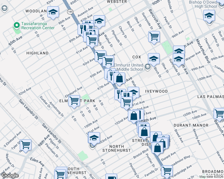 map of restaurants, bars, coffee shops, grocery stores, and more near 9716 International Blvd in Oakland