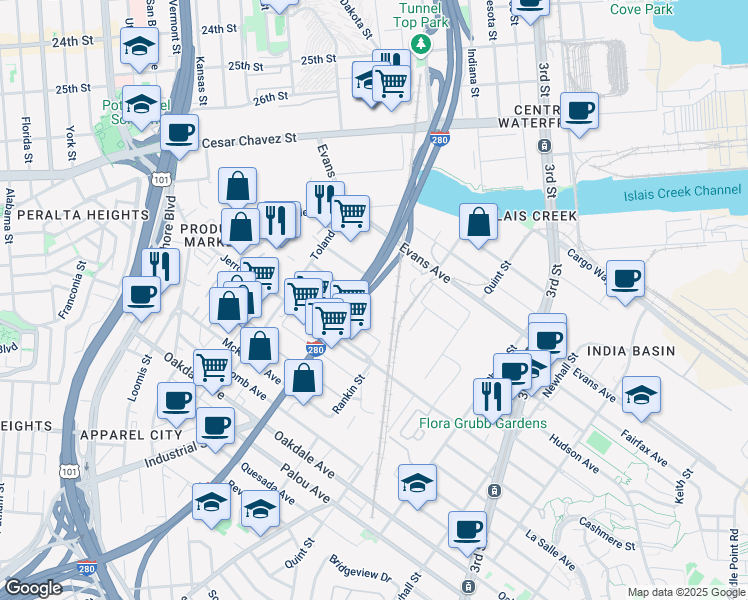 map of restaurants, bars, coffee shops, grocery stores, and more near 1289 Galvez Avenue in San Francisco