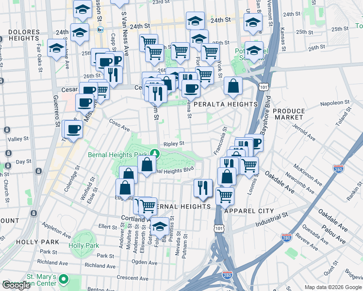 map of restaurants, bars, coffee shops, grocery stores, and more near 145 Ripley Street in San Francisco