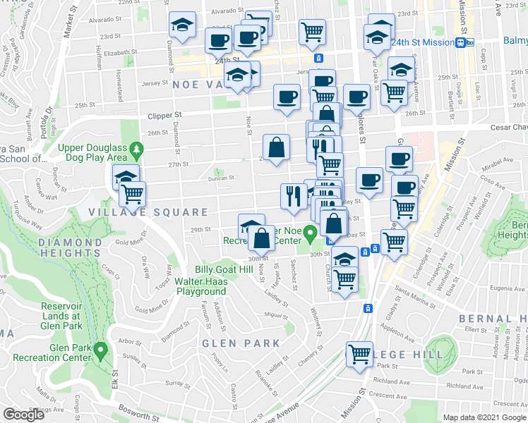 map of restaurants, bars, coffee shops, grocery stores, and more near 340 Valley Street in San Francisco